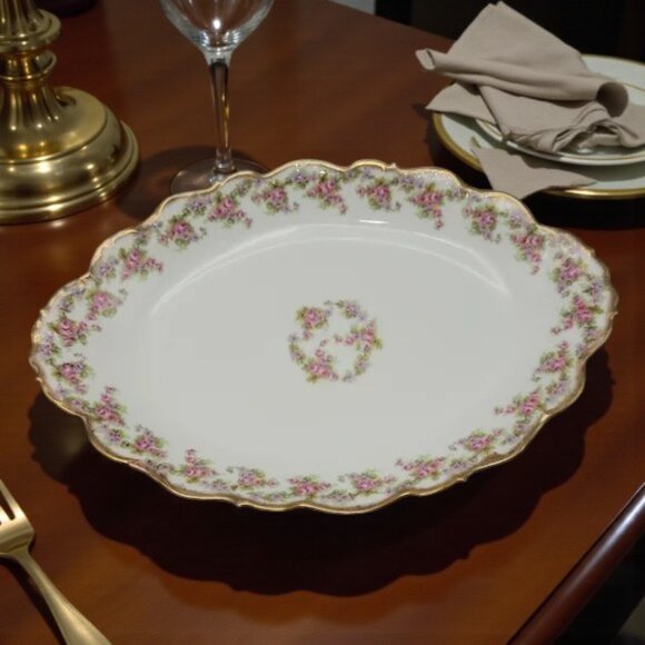 Antique Vintage Elite Works Limoges Large Oval Serving Platter 1920's Floral - Picture 1 of 10